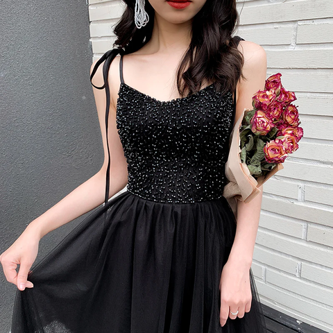 Black tulle beads long prom dress black evening dress Y1134