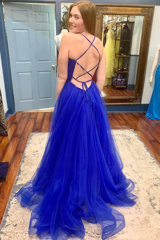 Robe de bal longue en tulle bleu dos nu à col en V et fente haute, robe de soirée de remise de diplôme bleue dos nu Y218
