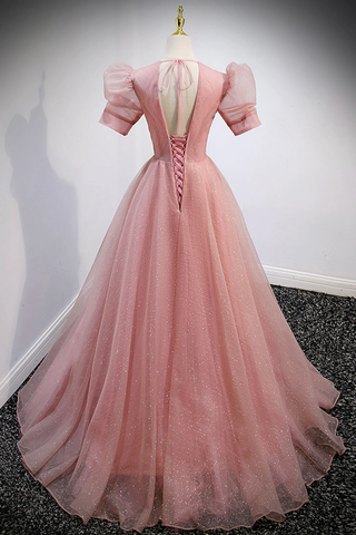 Robe de bal longue en tulle rose à col en V, coupe trapèze, manches courtes, Y892