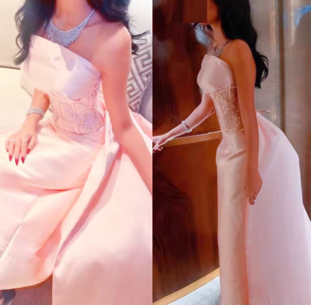 Baby Pink Satin Strapless Saudi Arabia Corset Sparkly Sequins Dubai  Evening Dress Formal Party Dress Y4887