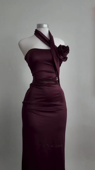 Vestido largo de fiesta burdeos sencillo, sin tirantes, corte recto, modelo Y8511