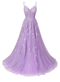 Robe de bal longue en tulle et dentelle avec applications pour femme, bretelles spaghetti, coupe trapèze, référence Y6196