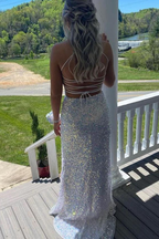 Robe de soirée sirène blanche à sequins et fines bretelles spaghetti Y8071