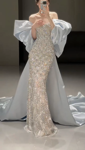 Sparkly Satin Beaded Mermaid Evening Dress Long Prom Dress With Bow Y8330