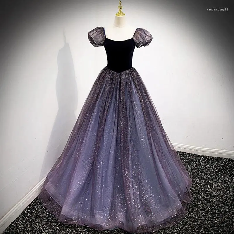 Purple Tulle Short Sleeve Formal Dress Cute A-Line Evening Dress Y4291