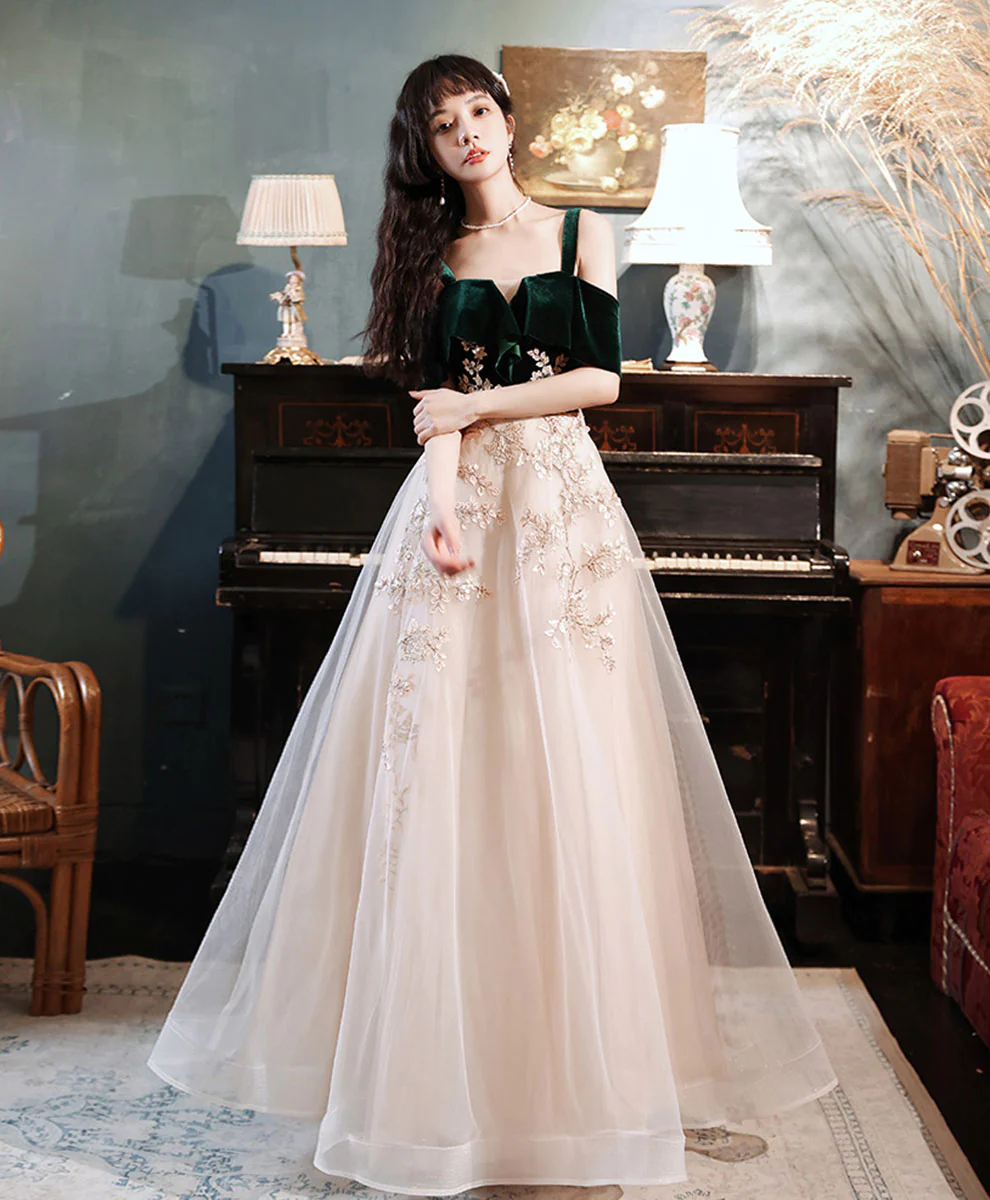Vestido largo de fiesta verde de corte A con encaje y tul, vestido de noche formal verde Y1928
