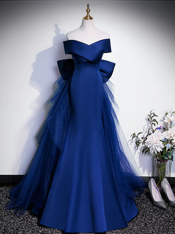 Royal Blue Mermaid Satin Long Prom Dress Off Shoulder Blue Evening Dress Y7429