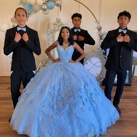 Vestido de quinceañera azul celeste claro con hombros descubiertos, tul con estampado floral 3D, elegante y formal para cumpleaños de 15 años (modelo Y6958)