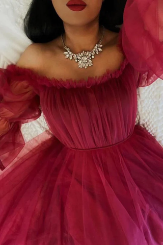Robe de soirée bordeaux en tulle à manches longues Y503