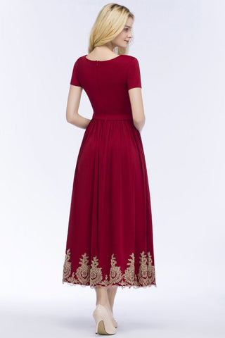 Vestidos de fiesta de talla grande, corte en A, hasta el tobillo, mangas cortas, apliques y fajín.