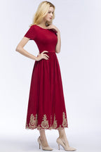 Vestidos de fiesta de talla grande, corte en A, hasta el tobillo, mangas cortas, apliques y fajín.