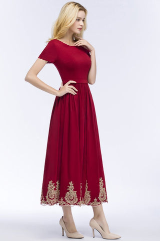 Vestidos de fiesta de talla grande, corte en A, hasta el tobillo, mangas cortas, apliques y fajín.