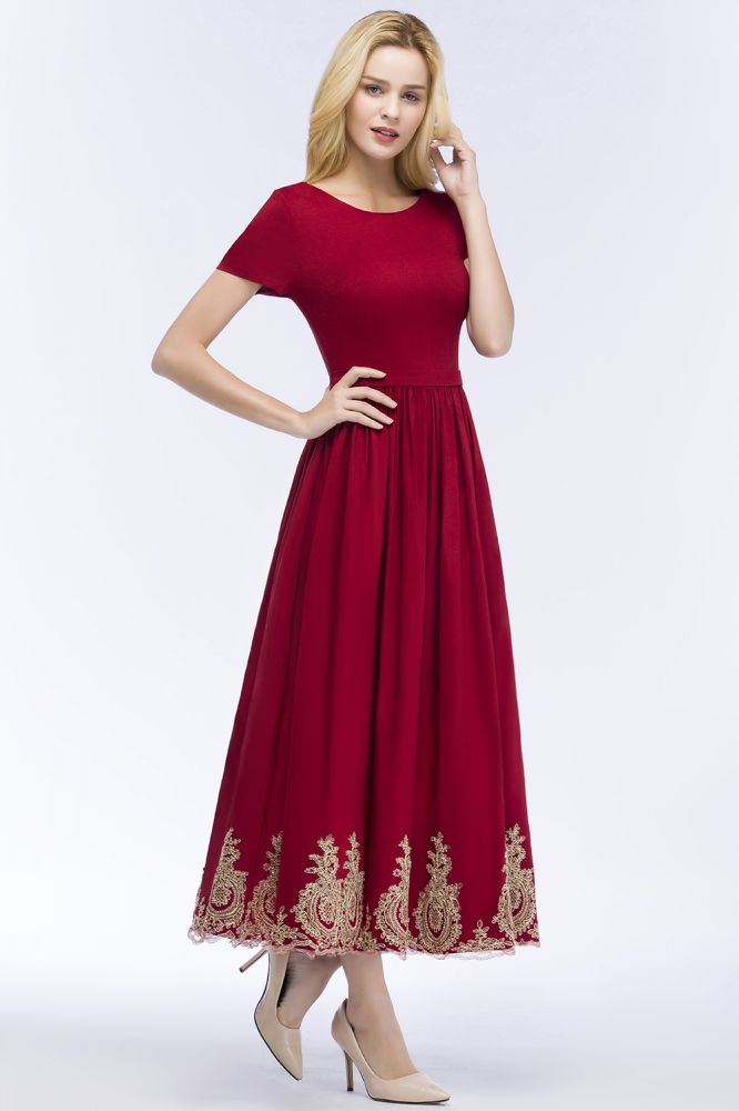Vestidos de fiesta de talla grande, corte en A, hasta el tobillo, mangas cortas, apliques y fajín.