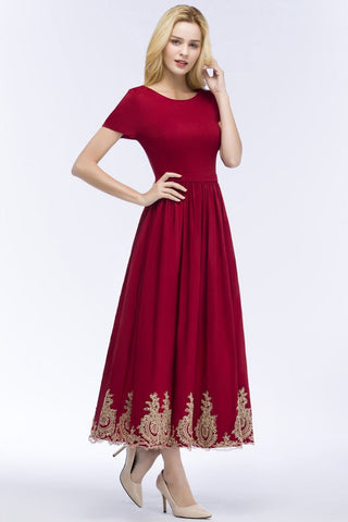 Vestidos de fiesta de talla grande, corte en A, hasta el tobillo, mangas cortas, apliques y fajín.