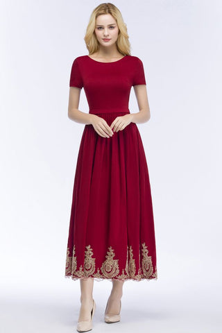 Vestidos de fiesta de talla grande, corte en A, hasta el tobillo, mangas cortas, apliques y fajín.