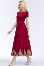 Vestidos de fiesta de talla grande, corte en A, hasta el tobillo, mangas cortas, apliques y fajín.