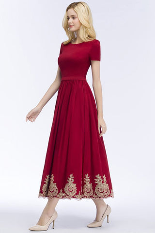 Vestidos de fiesta de talla grande, corte en A, hasta el tobillo, mangas cortas, apliques y fajín.