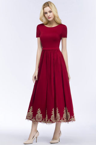 Vestidos de fiesta de talla grande, corte en A, hasta el tobillo, mangas cortas, apliques y fajín.