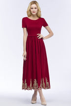 Vestidos de fiesta de talla grande, corte en A, hasta el tobillo, mangas cortas, apliques y fajín.