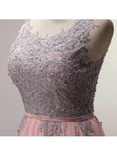 Vestido de fiesta de bienvenida de corte A con apliques, cintas y escote redondo hasta la rodilla PG145