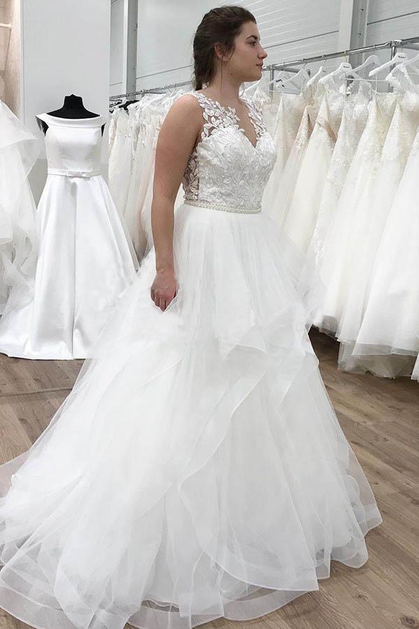 Vestido de novia largo hasta el suelo, corte en A, con apliques, volantes y organza