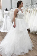Vestido de novia largo hasta el suelo, corte en A, con apliques, volantes y organza