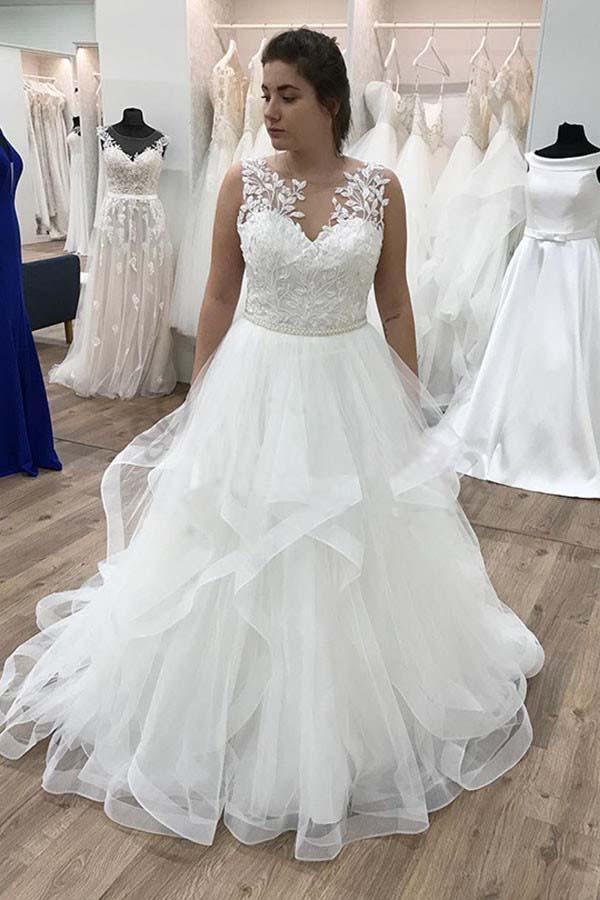 Vestido de novia largo hasta el suelo, corte en A, con apliques, volantes y organza