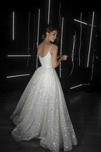 Vestido de novia playero corte A, espalda descubierta, escote en V, lentejuelas, color marfil WD294