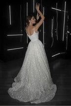 Vestido de novia playero corte A, espalda descubierta, escote en V, lentejuelas, color marfil WD294