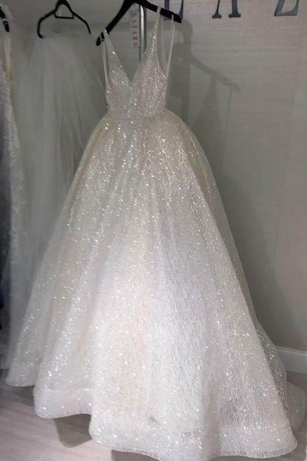 Vestido de novia playero corte A, espalda descubierta, escote en V, lentejuelas, color marfil WD294