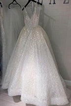 Vestido de novia playero corte A, espalda descubierta, escote en V, lentejuelas, color marfil WD294