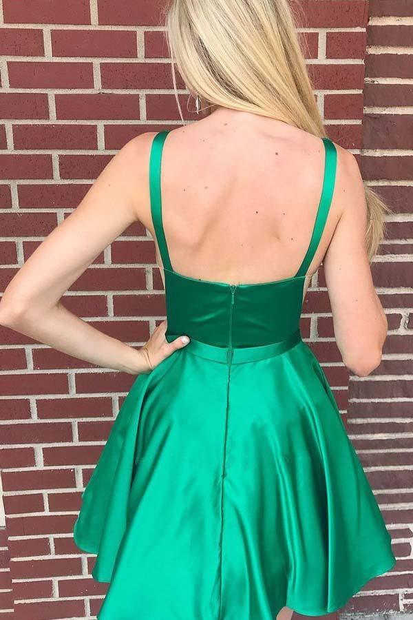 Vestido verde de fiesta de bienvenida, corte barco, espalda descubierta, largo hasta la rodilla, con bolsillos PD380