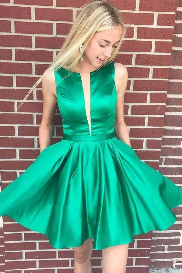 Vestido verde de fiesta de bienvenida, corte barco, espalda descubierta, largo hasta la rodilla, con bolsillos PD380