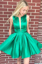 Vestido verde de fiesta de bienvenida, corte barco, espalda descubierta, largo hasta la rodilla, con bolsillos PD380