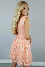 Vestido de fiesta de corte barco, corte en A, satén coral con apliques de flores PD112