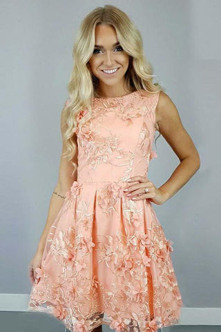 A-Line Bateau  Coral Satin Homecoming Dress with Appliques Flowers PD112