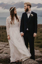 Vestido de novia de gasa corte barco, largo hasta el suelo, con mangas largas WD319