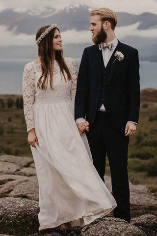 Vestido de novia de gasa corte barco, largo hasta el suelo, con mangas largas WD319