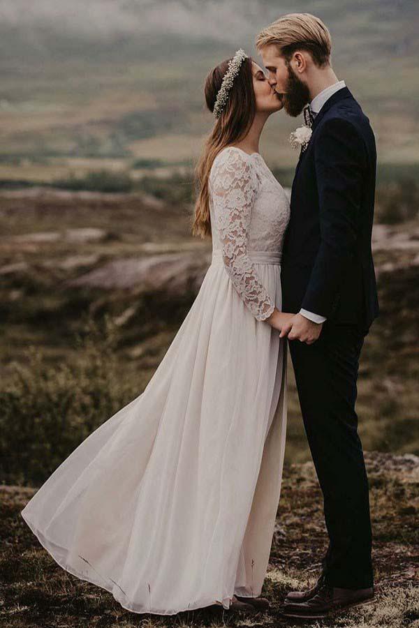 Vestido de novia de gasa corte barco, largo hasta el suelo, con mangas largas WD319