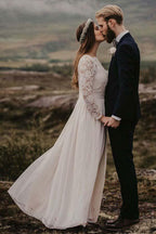 Vestido de novia de gasa corte barco, largo hasta el suelo, con mangas largas WD319