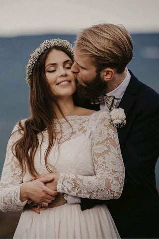 Vestido de novia de gasa corte barco, largo hasta el suelo, con mangas largas WD319