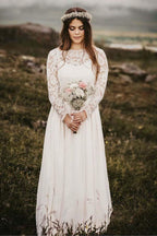 Vestido de novia de gasa corte barco, largo hasta el suelo, con mangas largas WD319