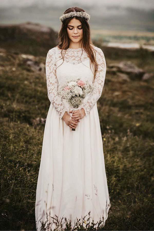 Vestido de novia de gasa corte barco, largo hasta el suelo, con mangas largas WD319