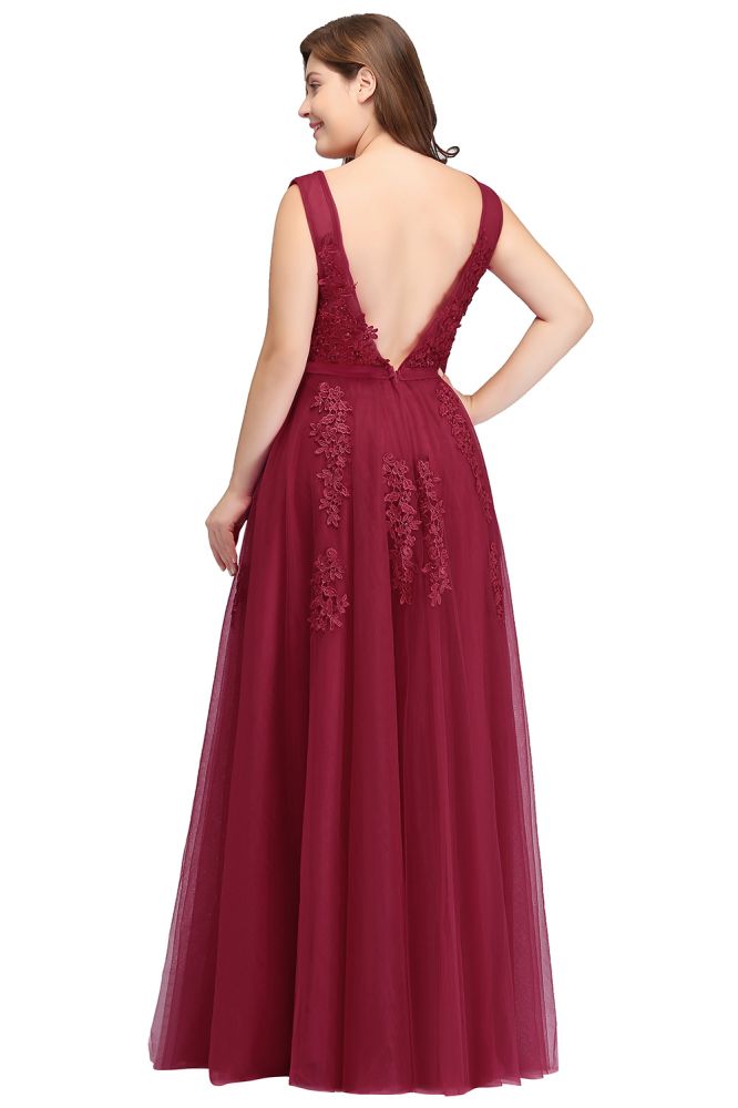 Vestidos de noche largos de talla grande, sin mangas, corte barco y corte en A con apliques