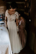 Vestido de novia corte barco, manga larga, encaje rústico, vestido de novia WD522