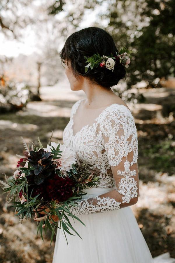 Vestido de novia corte barco, manga larga, encaje rústico, vestido de novia WD522