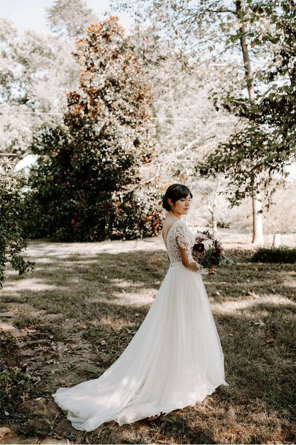 Vestido de novia corte barco, manga larga, encaje rústico, vestido de novia WD522