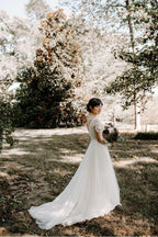 Vestido de novia corte barco, manga larga, encaje rústico, vestido de novia WD522