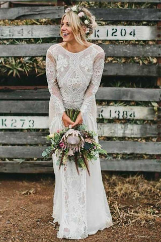 Vestido de novia de gasa con escote barco, manga larga y espalda descubierta, corte en A, con encaje WD365