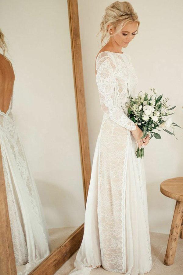Vestido de novia de gasa con escote barco, manga larga y espalda descubierta, corte en A, con encaje WD365
